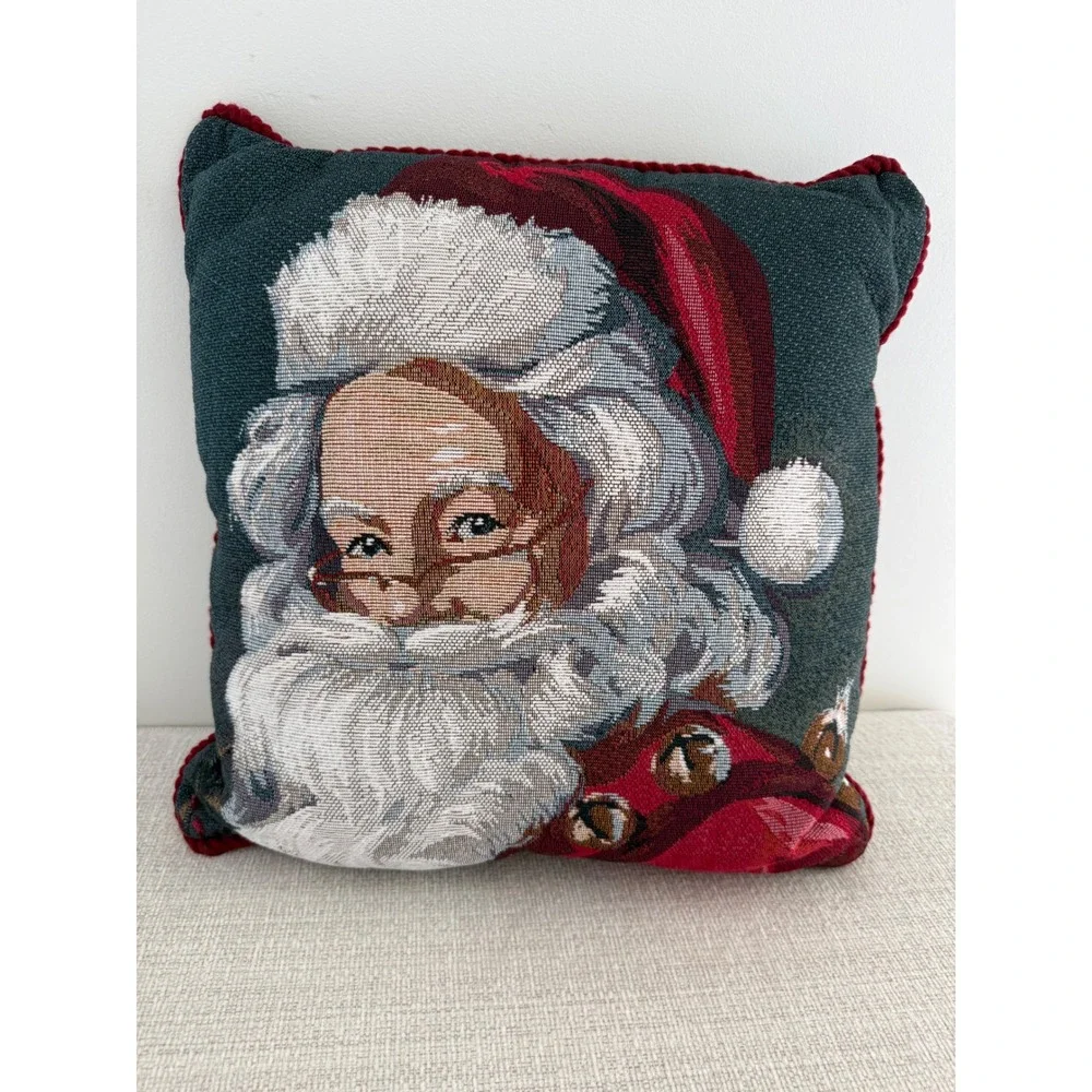 Santa Claus Tapestry Textured Christmas 2 Sided Pillow Red Cord Trim 17x17